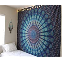 Los mejores  - Raajsee Mandala - Tapiz para pared- algodón- azul- QUEEN 220 X 210 CMS